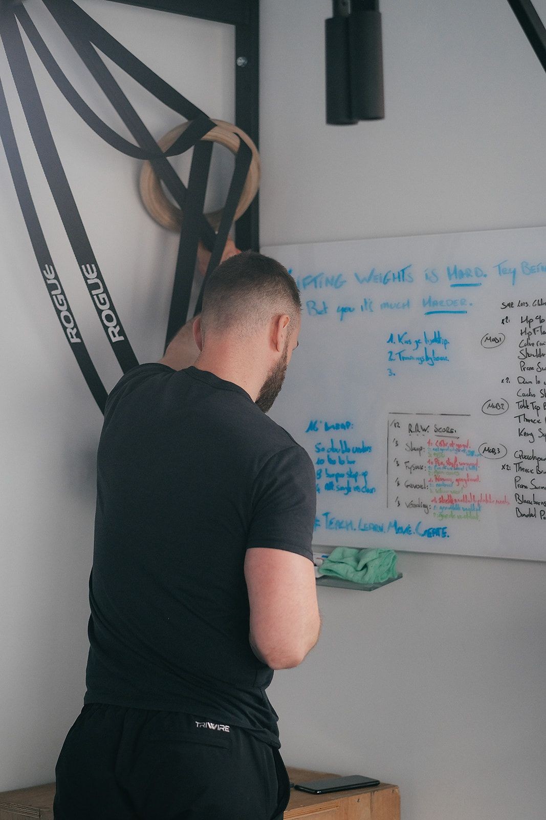 Man in a gym hanging exercise rings on wall near a whiteboard with workout notes.